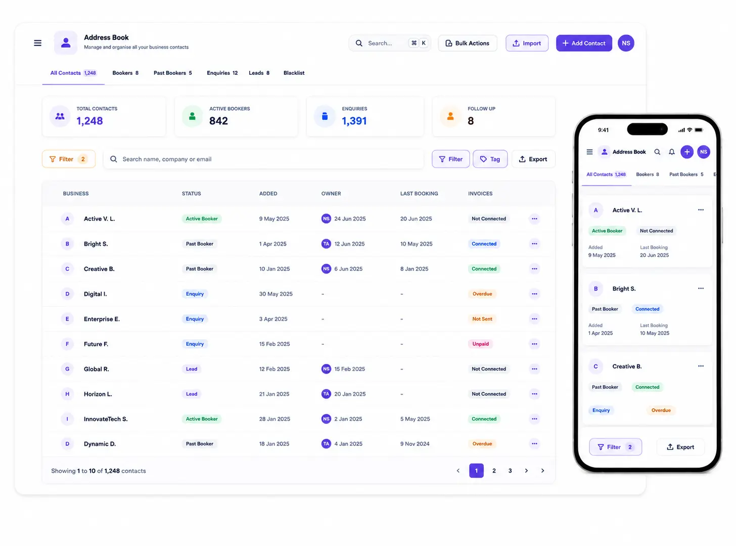Address Book CRM showing contact and booking management