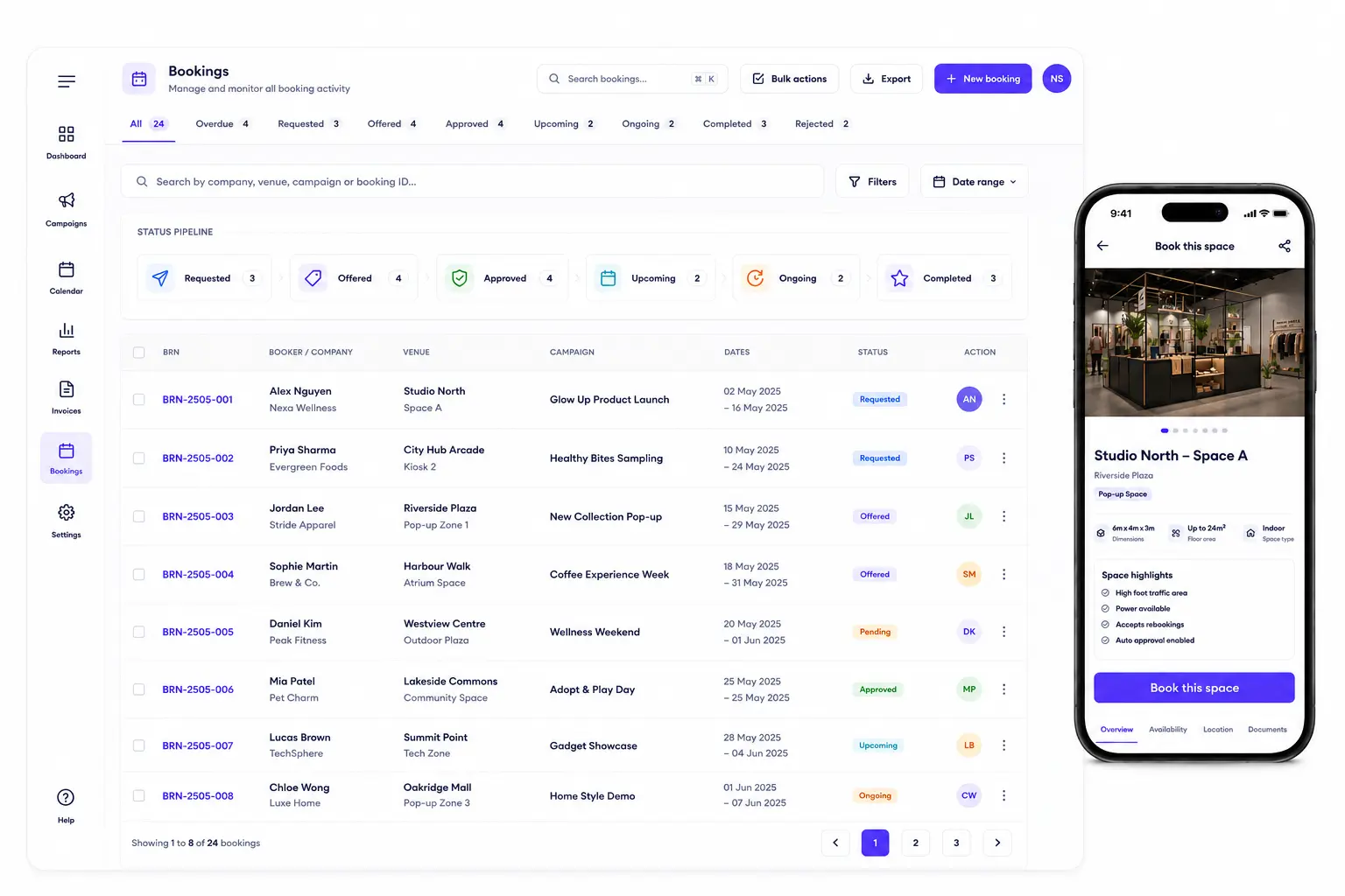 Booking management dashboard showing requests, statuses and communication