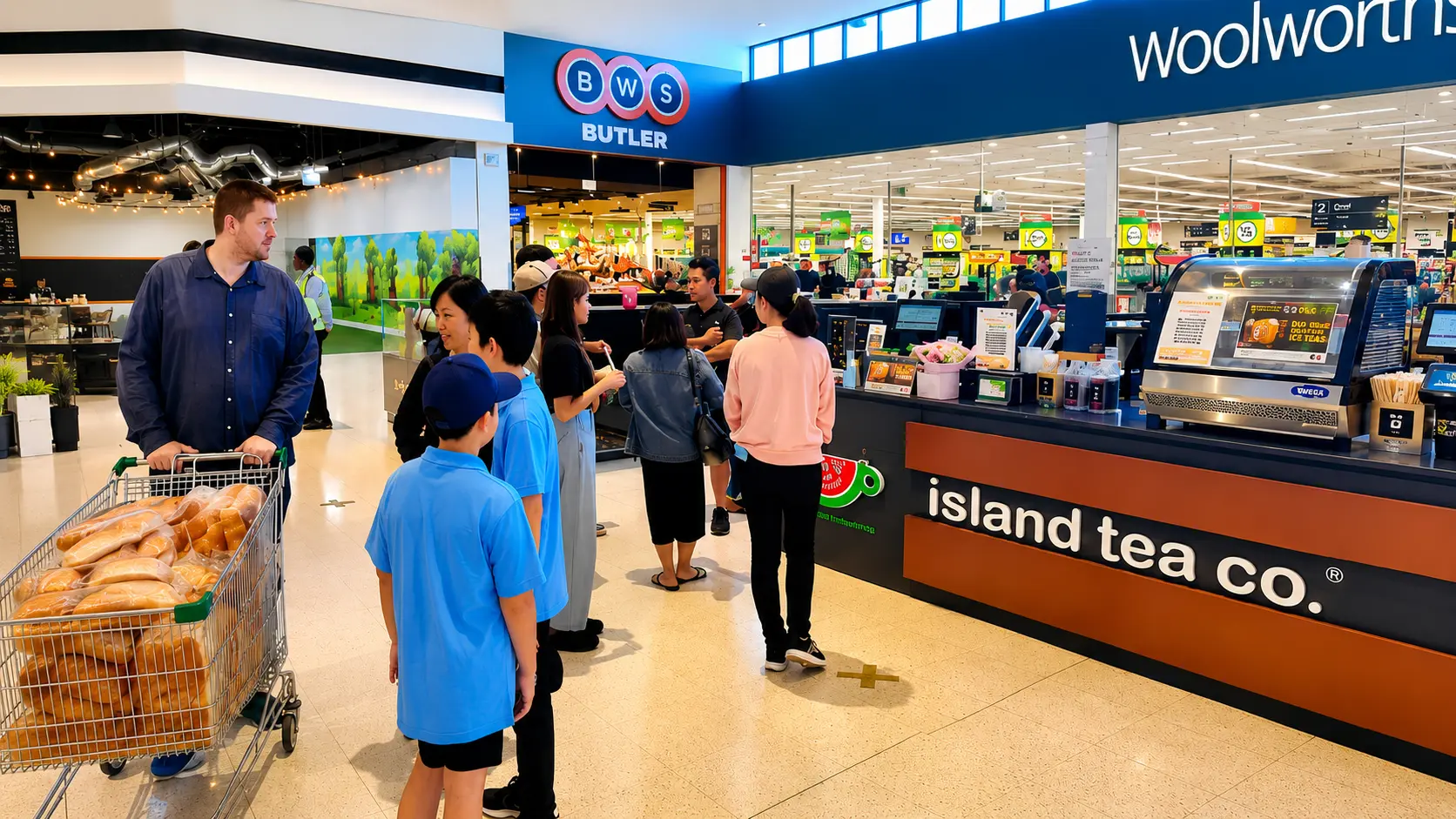 Butler Central interior showing Island Tea Co activation space with customers