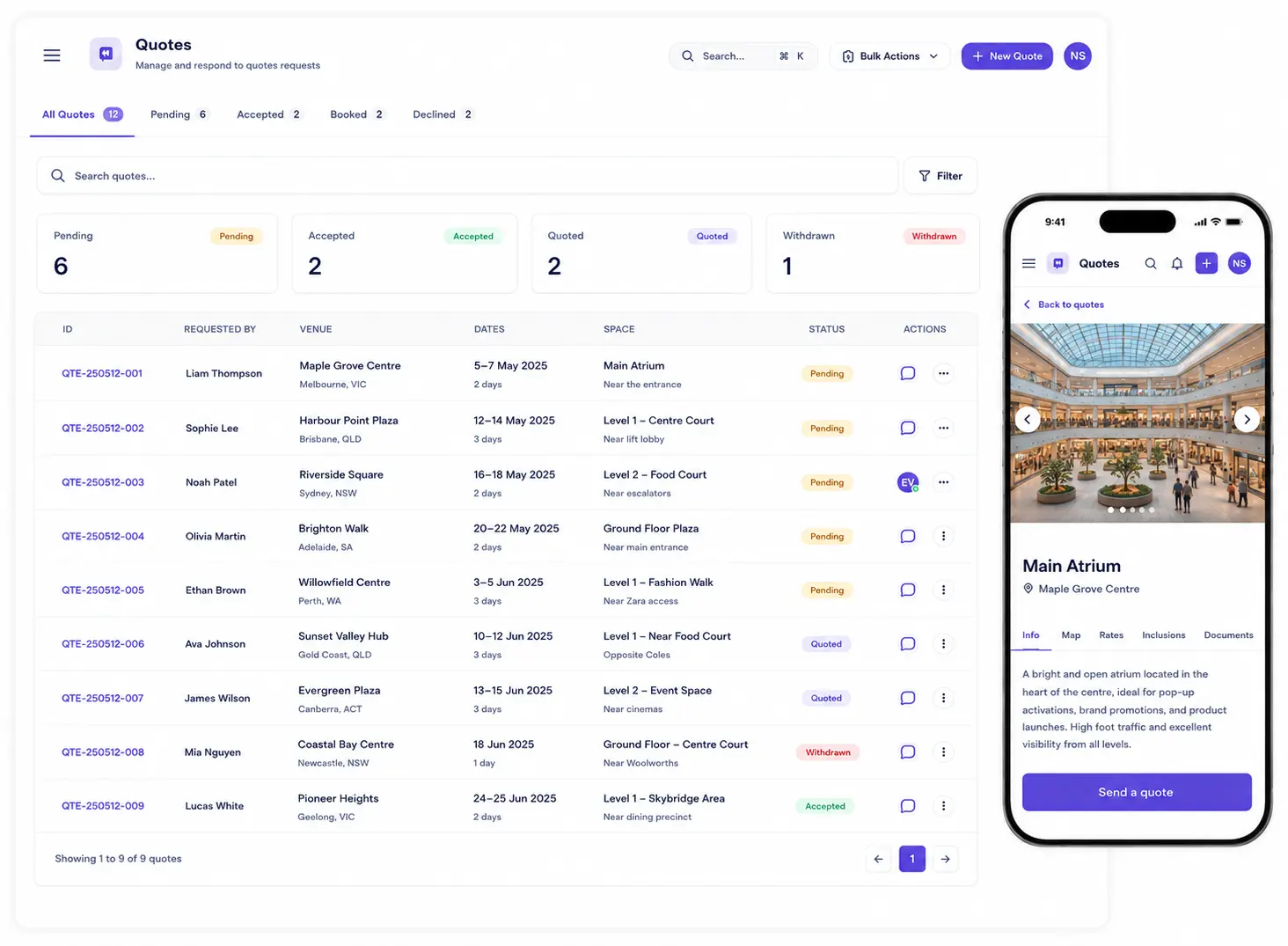 Quotes dashboard showing quote management