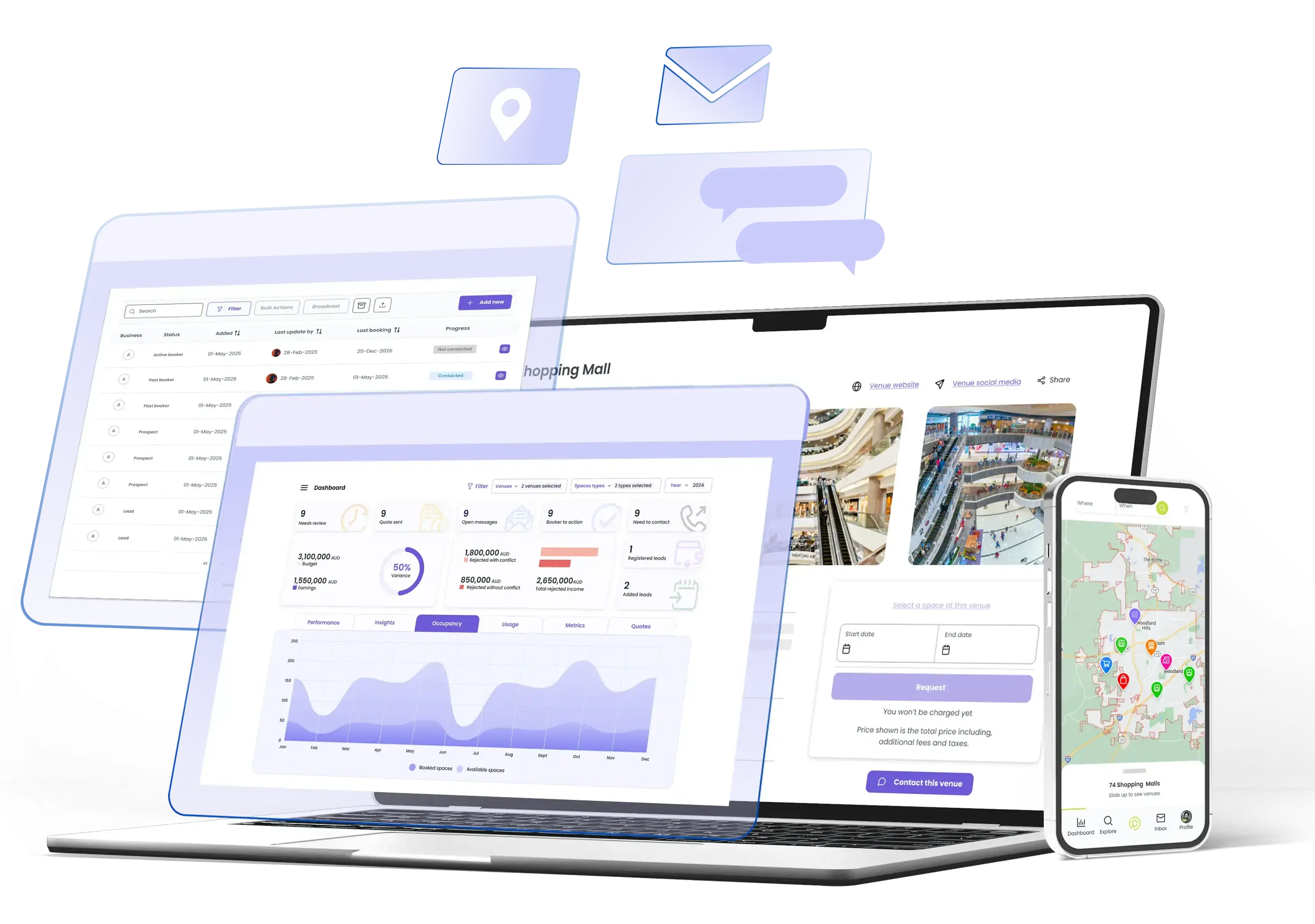anyspaces.com platform displayed on multiple devices, showing that users can book and list spaces from desktop, tablet, or mobile.