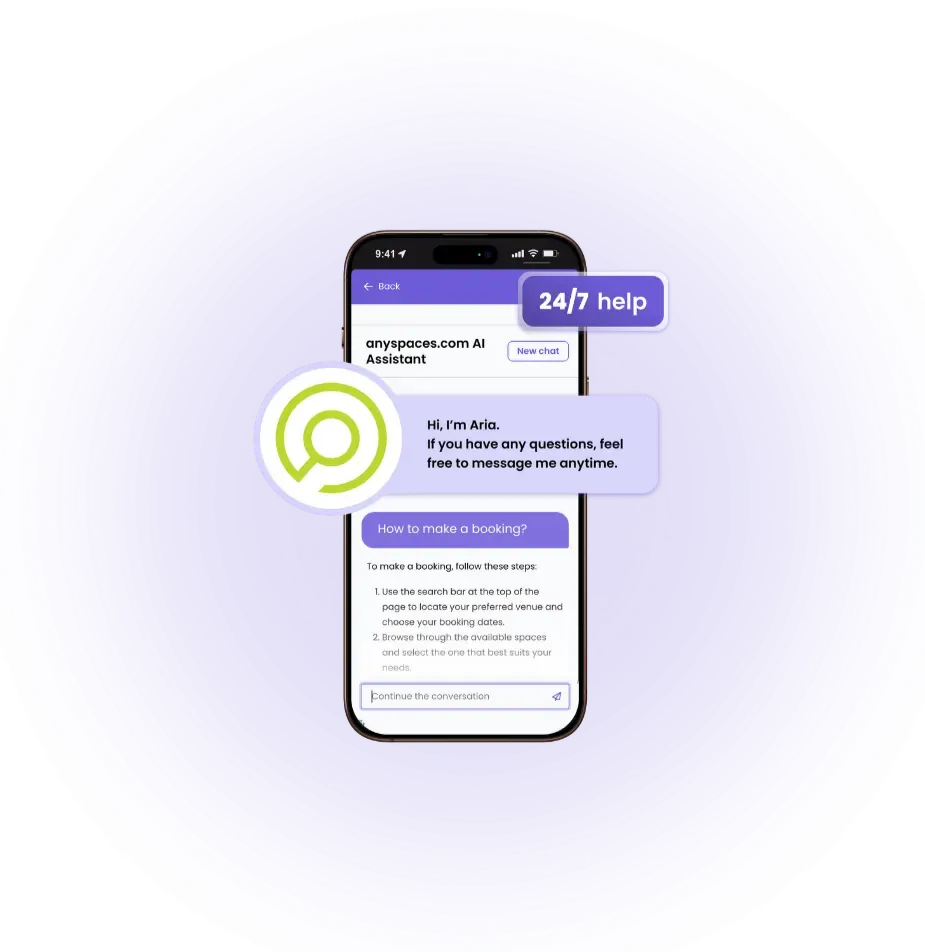 Mobile phone screen showing ARIA, the anyspaces.com AI assistant, helping users with booking and listing questions.